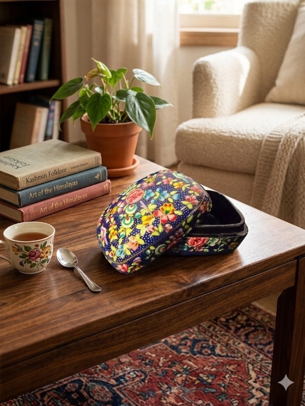 Tradisjonelt Håndmalt Skrin fra Srinagar, Kashmir – Blå Flora & Fauna