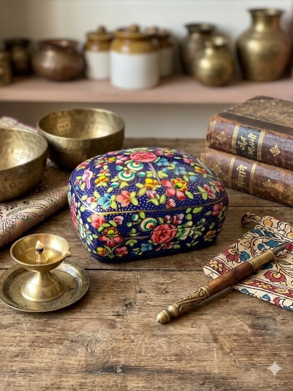 Tradisjonelt Håndmalt Skrin fra Srinagar, Kashmir – Blå Flora & Fauna