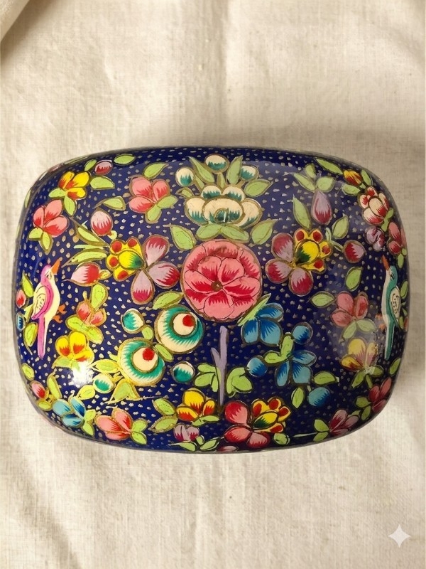 Tradisjonelt Håndmalt Skrin fra Srinagar, Kashmir – Blå Flora & Fauna