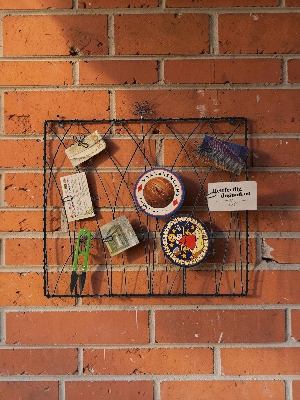 Oppslagstavle med blomster i ståltråd