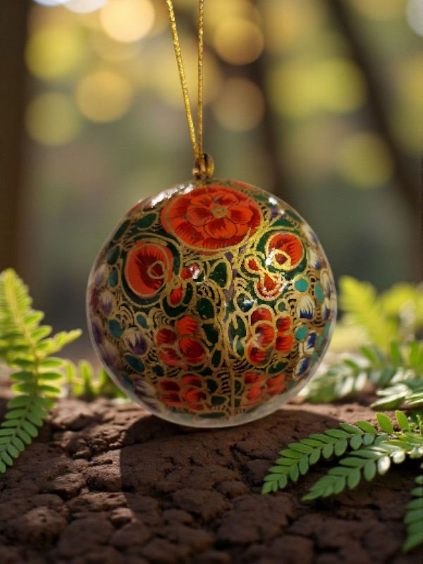 Blomstret håndlaget julekule på grønn bakgrunn