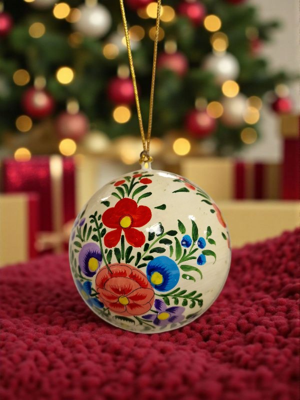 Håndlaget hvit julekule med blomstermotiv