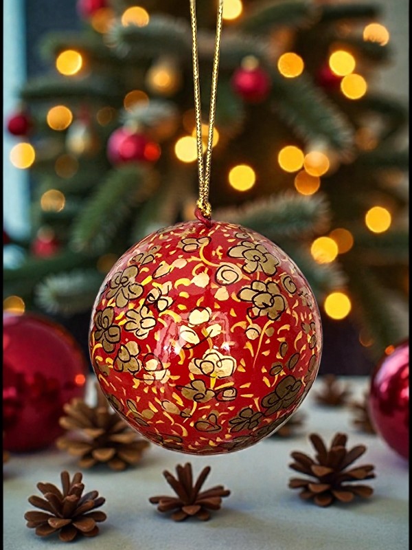 Rød julekule med gylne blomster